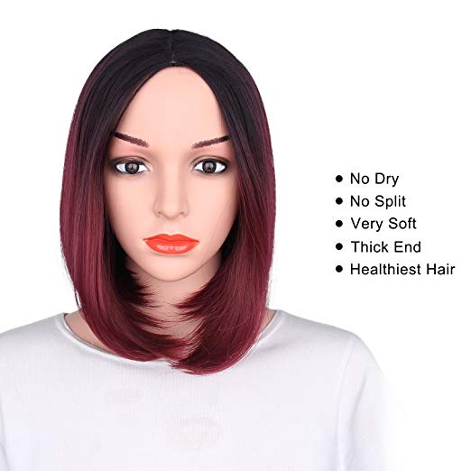 BARSDAR 14" Girl’s Short Ombre Bob Hair Wigs Straight Synthetic Colorful Halloween Cosplay Daily Party Wig for Women Natural Looking Heat Resistant As Real Hair-Black to Wine Red
